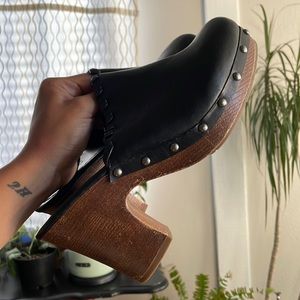 Jore Boho Studded Black Platform Clogs Wood Heel Slip-on